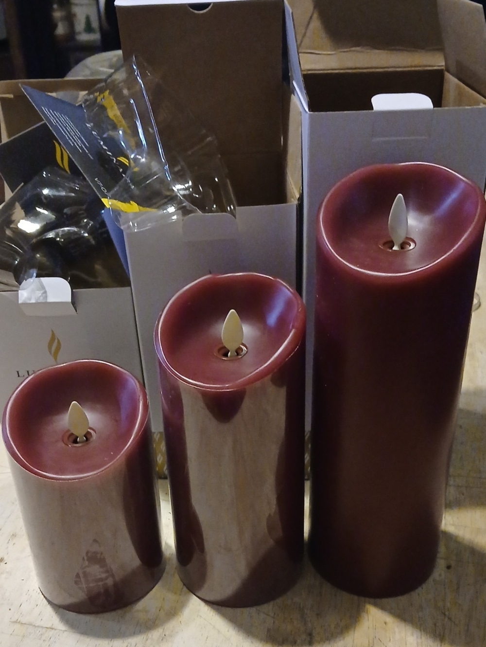 Burgundy Flameless LED Pillar Candle Trio - Luminara Brand New In Boxes